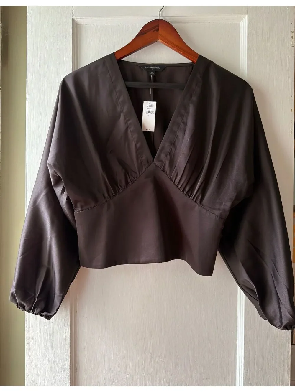 NWT Banana Republic Satin V-Neck Long Sleeve Blouse Top Brown Womens Size 0